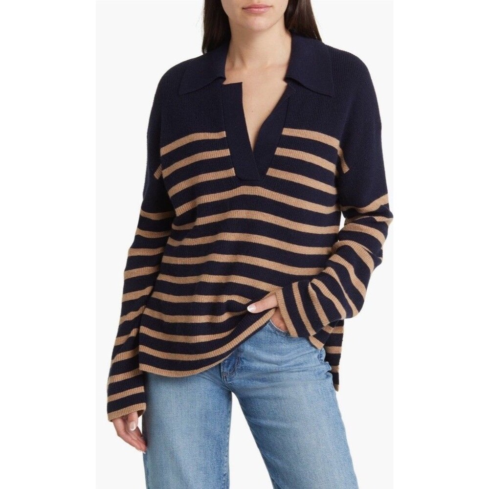 Rails Harris Wool Cashmere Polo Sweater in Camel Navy Rugby Stripe Size L